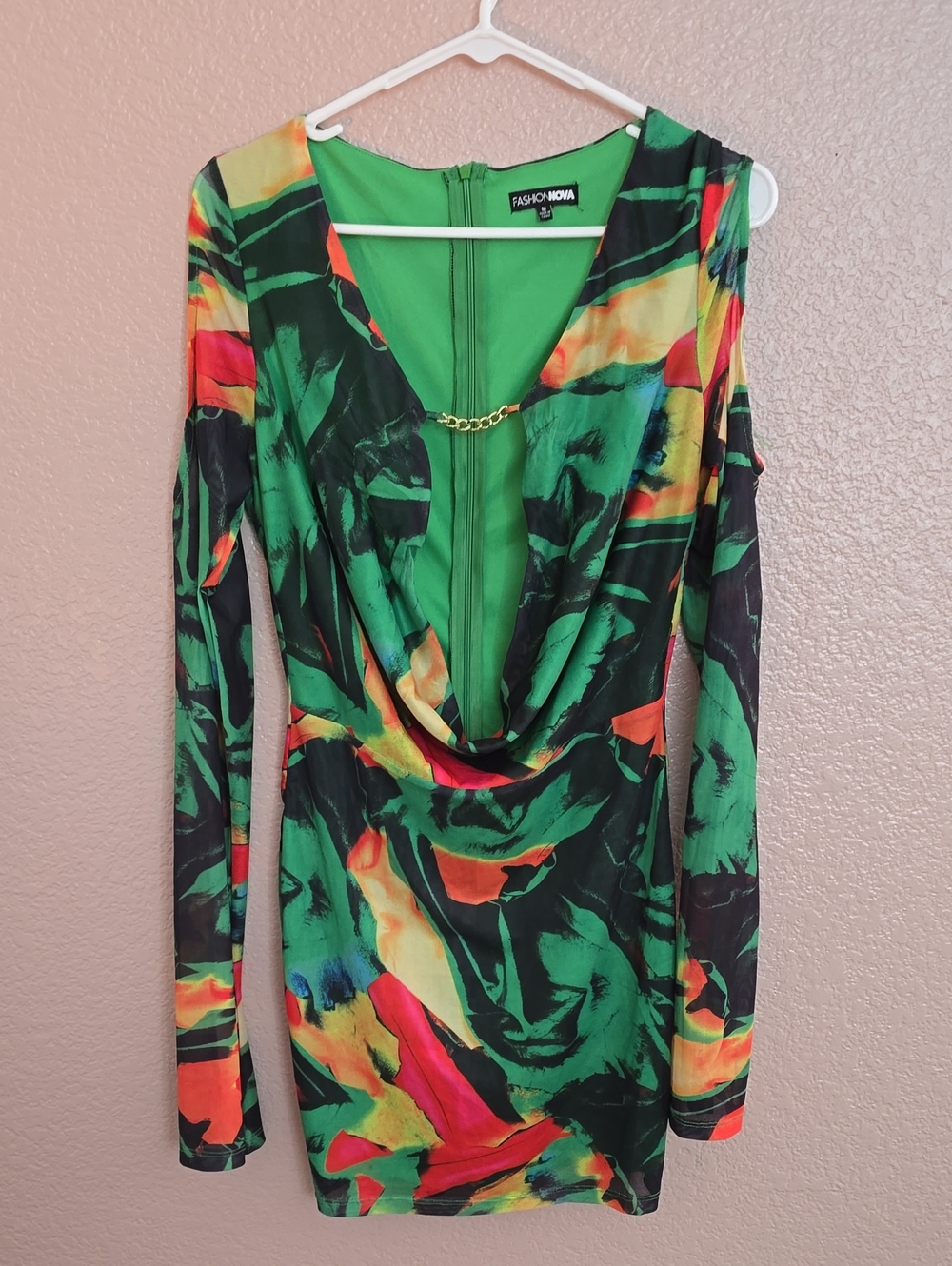 Fashion Nova Green Multicolor Abstract Long Sleeve Dress with Chain Detail